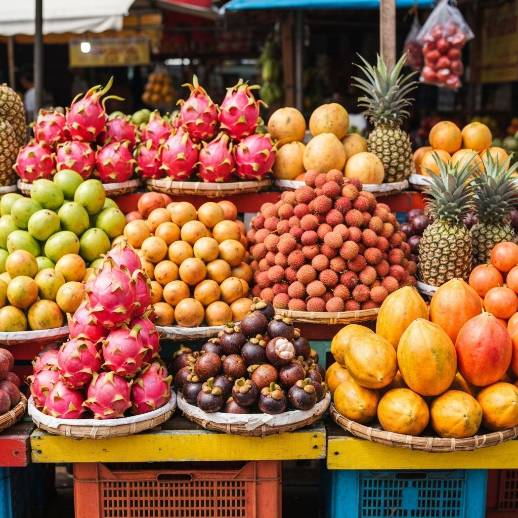 Tropical market with colorful exotic fruits