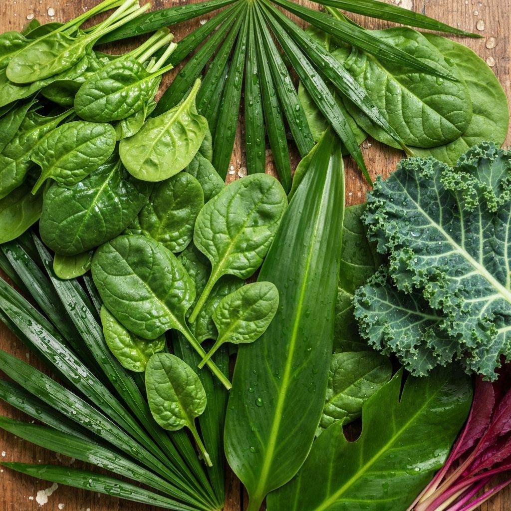 Fresh tropical leafy greens with water droplets